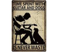 Geroclonup Targa in metallo con chitarra con cane, scritta "Time Spent On Guitar and Dog is Never waste", in alluminio, stile vintage, per gli amanti della musica, 14 x 20 cm