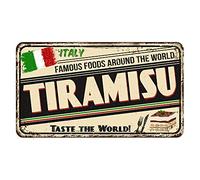 Geroclonup Targa in metallo con scritta "Famous Food Around The World" con tiramisù, decorazione artistica da parete, cartello pubblico, 15,5 x 30,5 cm