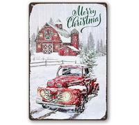 Geroclonup Targa in metallo con scritta "Merry Christmas", stile vintage, con camion rosso, decorazione da parete con albero di Natale, decorazione per la casa, 20 x 30 cm