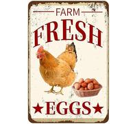 Geroclonup Targa in metallo con uova fresche, gallina, divertente, decorazione artistica da parete per esterni, per cucina, fattoria, negozio, campagna, fienile, supermercato