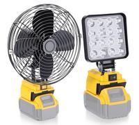 Gerrii 2 ventole portatili da 22,9 cm per campeggio e cantiere, con luce LED senza fili, compatibile con batterie Dewalt da 20 V, porta di ricarica USB e tipo C, per emergenza in officina e cantiere