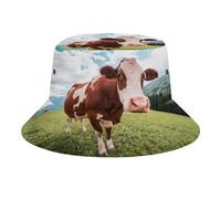 GeRRiT Divertente mucca StickingTongue Bucket Hat per uomo donna cappello pescatore pieghevole Sun Cap Outdoor Travel Beach Caps, Mucca marrone e bianca al pascolo, Etichettalia unica