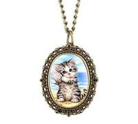 GeRRiT Orologio da tasca con motivo gatto adorabile. Orologi ovali di piccole dimensioni con ciondolo a forma di collana