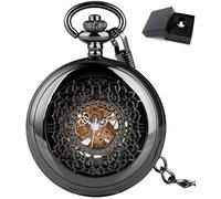 GeRRiT Orologio da tasca moderno, orologio da tasca retrò, numero arabo, carica manuale meccanica retrò, orologi con catena da tasca con pendente nero, regali