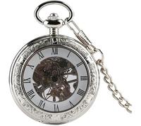 GeRRiT Orologio da tasca retrò, orologio meccanico a carica manuale retrò in argento con display a numeri romani, orologi a sospensione, catena da tasca punk vintage