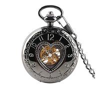 GeRRiT Orologio da tasca retrò, retrò a forma di cuore nero mezzo cacciatore meccanico Steampunk 30 cm orologio con ciondolo a catena da tasca regalo uomo donna
