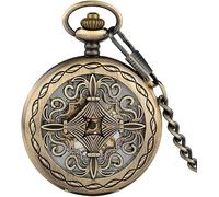 GeRRiT Orologio da tasca retrò, squisito coperchio cavo in bronzo meccanico con numeri arabi con ciondolo scheletro Orologi da tasca a carica manuale Orologio retrò