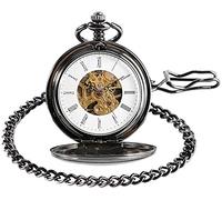 GeRRiT Orologio meccanico retrò Double Face Numeri romani Scheletrato Orologio da tasca nero liscio Orologio da taschino con catena da uomo e donna