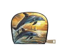 GERRIT Porta carte di credito RFID arte astratta piccolo portafoglio in pelle con cerniera per donne uomini, Due delfini che saltano fuori dall'acqua, Taglia unica