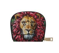 GERRIT Porta carte di credito RFID con scheletro con corona e sole luna piccolo portafoglio in pelle con cerniera per donne uomini, Leone con criniera lampone, Taglia unica