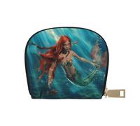 GERRIT Porta carte di credito RFID con scheletro con corona e sole luna piccolo portafoglio in pelle con cerniera per donne uomini, Sirena dai capelli rossi che galleggia nell'oceano, Taglia unica