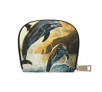 GERRIT Porta carte di credito RFID con scheletro con corona e sole luna piccolo portafoglio in pelle con cerniera per donne uomini, Delfini che saltano fuori dal mare sopra il tramonto, Taglia unica