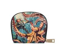 GERRIT Porta carte di credito RFID con scheletro con corona e sole luna piccolo portafoglio in pelle con cerniera per donne uomini, Octopus Attack Diver, Taglia unica