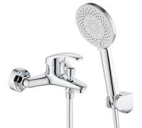 GERUIKE Rubinetto Vasca da Bagno Monocomando con Soffione Doccia Supporto e Tubo - Miscelatore Vasca Esterno con Beccuccio, Flessibile Doccia in PVC 150cm, Doccetta con 5 Funzioni - Argento Cromato