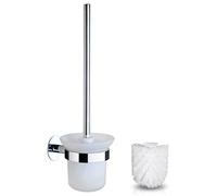 GERUIKE Scopino WC da Parete con Porta Scopino per WC Senza Foratura Acciaio Inox Argento Cromo Contiene 2 Testina per Scopino Bianco e Portascopino in Vetro per Bagno