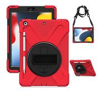 Gerutek Cover per iPad 9/8/7 Gene 10,2 Pollici (2021/2020/2019), Rosso | Custodia Robusta Antiurto con Supporto Girevole a 360°, Cinghia per Mano/Spalla, Portapenne iPad 10.2