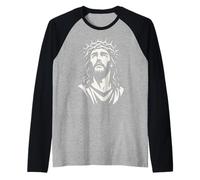 Gesù Cristo Corona di Spine Sguardo Monocromo Arte Cristiana Maglia con Maniche Raglan