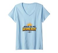 Gesù è Il Mio Homeboy Inspirational Christian Graphic, Gesù Maglietta con Collo a V, Donna, Celeste, L