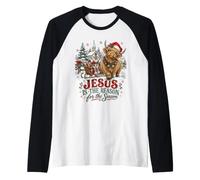 Gesù è la Ragione della Stagione Highland Cow Xmas Maglia con Maniche Raglan
