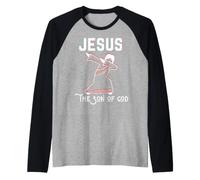 Gesù Il Figlio di Dio Dab Divertimento Amore Cristiano Pasqua Natale Maglia con Maniche Raglan