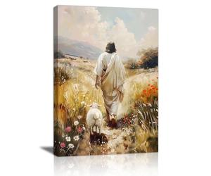 Gesù lascia le 99 Pecore Canvas Quadri Moderni Con Cornice, Gesù e l'agnello Poster Stampe Da Parete Cristiano La Pecora Smarrita Stampa Su Tela Quadro Decorazioni per Studio Tempio Soggiorno 30x40cm