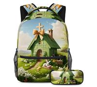 Get Set, Go - Set di 2 zaini per la scuola con astuccio, la scelta migliore per studenti impegnati, casa con croce pasquale verde, Multicolore, B:29.4x20x40cm P:19x7.5x3.8cm, Zaini Daypack