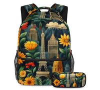 Get Set, Go - Set di 2 zaini per la scuola con astuccio, la scelta migliore per studenti impegnati, fiori e architettura, Multicolore, B:29.4x20x40cm P:19x7.5x3.8cm, Zaini Daypack