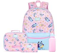 Get Trend Bluey und Bingo Zaino Bambina Set 4 Pezzi, Zaino per Bambini, Borraccia 500ml, Astuccio e Borsa Termica Porta Pranzo, Idee Regalo (Rosa/Turchese Bluey)