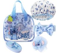 Get Trend Disney Stitch Borsa da Toilette e Accessori Doccia Set Donna e Ragazza, Spazzola Capelli Cuffia Doccia Fasce Capelli Luffa, Regali per Lei (Blu Stitch)