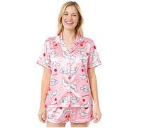 Get Trend Hello Kitty Kuromi Cinnamoroll | Pusheen Pigiama Corto Donna Estivo, Set 2 Pezzi con Camicia a Bottoni e Pantaloni, Regalo Donna (2XL, Rosa Cinnamoroll)