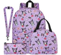 Get Trend Hello Kitty Kuromi Zaino Scuola in Velluto a Coste, 4 Pezzi Set Grande Zaino Bambini con Astuccio, Borsa Termica Porta Pranzo e Lanyard, Idee Regalo per Bambina e Ragazza (Viola Kuromi)
