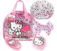 Get Trend Hello Kitty Sanrio Borsa da Toilette e Accessori Doccia Set Donna e Ragazza, Spazzola Capelli Cuffia Doccia Fasce Capelli Luffa, Regali per Lei (Rosa Hello Kitty)