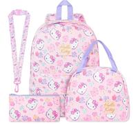 Get Trend Hello Kitty Sanrio Zaino Scuola in Velluto a Coste, 4 Pezzi Set Grande Zaino Bambini con Astuccio, Borsa Termica Porta Pranzo e Lanyard, Idee Regalo per Bambina e Ragazza (Rosa Hello Kitty)