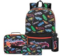 Get Trend Hot Wheels 4 Pezzi Zaino Ragazzo Set per Scuola con Borsa Termica Porta Pranzo, Borraccia 500 ml Senza BPA e Astuccio (Multi Hot Wheels)