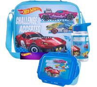 Get Trend Hot Wheels Borsa Porta Pranzo con Porta Merenda Borraccia Bambini Senza BPA Set 3 Pz Materiale Scolastico per Viaggiare Picnic (Blu Hot Wheels)