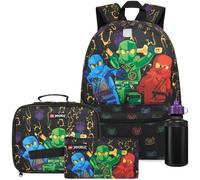 Get Trend Lego Ninjago 4 Pezzi Grande Zaino per Bambini 46cm Set per Scuola con Borsa Termica Porta Pranzo, Borraccia 500 ml Senza BPA e Astuccio (Multi Lego)