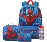 Get Trend Marvel Spiderman 4 Pezzi Zaino Ragazzo Set con Borsa Termica Porta Pranzo, Borraccia 500 ml Senza BPA e Astuccio (Blu/Multi Spiderman)