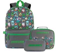 Get Trend Minecraft 3 Pezzi Capiente Grande 46 cm Zaino Ragazzo Set con Borsa Termica Porta Pranzo e Astuccio 2 Scomparti per la Scuola e il Tempo Libero (Grigio/Verde Minecraft)