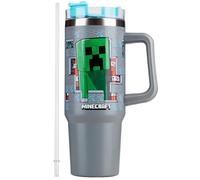 Get Trend Minecraft - Tazza termica da viaggio per bambini, con cannuccia e manico, 940 ml, isolamento termico a doppia parete, sottovuoto, per bevande fredde, scuola e viaggi (grigio Minecraft)