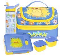 Get Trend Pokemon Set Porta Pranzo Bambini, 3 Pezzi con Borsa Termica, Lunch Box, Borraccia Bambini, Porta Merenda Termico per Scuola e Tempo Libero, Idee Regalo Bambino (Blu/Multi Pokemon)