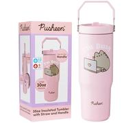 Get Trend Pusheen Bicchiere Termico con Cannuccia e Maniglia, Metallo Tazza da Viaggio 850ml, Isolamento Termico Sottovuoto a Doppia Parete (Rosa Pusheen)