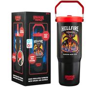 Get Trend Stranger Things Bicchiere Termico con Cannuccia e Maniglia, Hellfire Metallo Tazza da Viaggio 850ml, Isolamento Termico Sottovuoto a Doppia(Nero/Rosso Stranger Things)