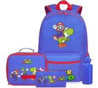 Get Trend Super Mario Zaino Bambino Set 4 Pezzi, Zaino per Bambini, Borraccia 500ml, Astuccio e Borsa Termica Porta Pranzo, Idee Regalo (Blu/Rosso Mario)