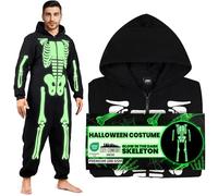 Get Trend Tuta Intera Uomo Donna e Adolescenti, Bagliore al Buio Halloween Scheletro Pile Pigiama Intero, Regalo Uomo (M, Nero)