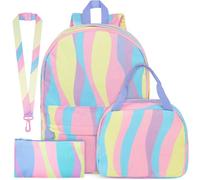 Get Trend Zaino Scuola in Velluto a Coste, 4 Pezzi Set Grande Zaino Bambini con Astuccio, Borsa Termica Porta Pranzo e Lanyard, Idee Regalo per Bambina e Ragazza (Multi)