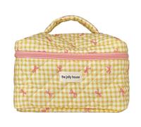 GETBSTOOP Astuccio da viaggio per trucchi a scacchi con fiocco carino con cerniera organizer per trucchi in cotone trapuntato per donne e ragazze, Giallo, L, Casual/Moda/Chic