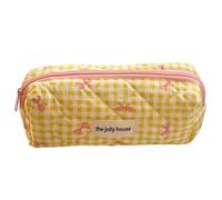 GETBSTOOP Astuccio da viaggio per trucchi a scacchi con fiocco carino con cerniera organizer per trucchi in cotone trapuntato per donne e ragazze, Giallo, S, Casual/Moda/Chic