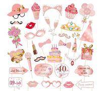 Getervb 33 Pezzi Oro Rosa Photo Booth Compleanno 40 Anni Accessori per Foto Divertenti Gadget Compleanno Adulti per Fai da Te Festa di Compleannos Fotografica Puntello
