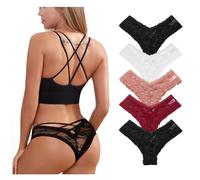 Getervb Pacco da 5 Mutande Donna Sexy Perizoma Elasticizzato Tanga Pizzo Confortevole Thongs Slip (M, E-5PCS)