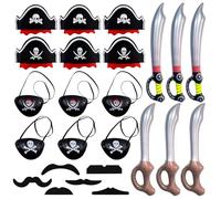 GETRICH 24 Pièces Accessoires de Costume de Pirate, 6 Pcs Chapeau de Pirate avec 6 Pcs Cache Oeil Pirate 6 Pcs Epée Gonflables et 6 Pcs Auto-Adhésif Barbe Chapeau Pirate pour Noël Halloween Carnaval